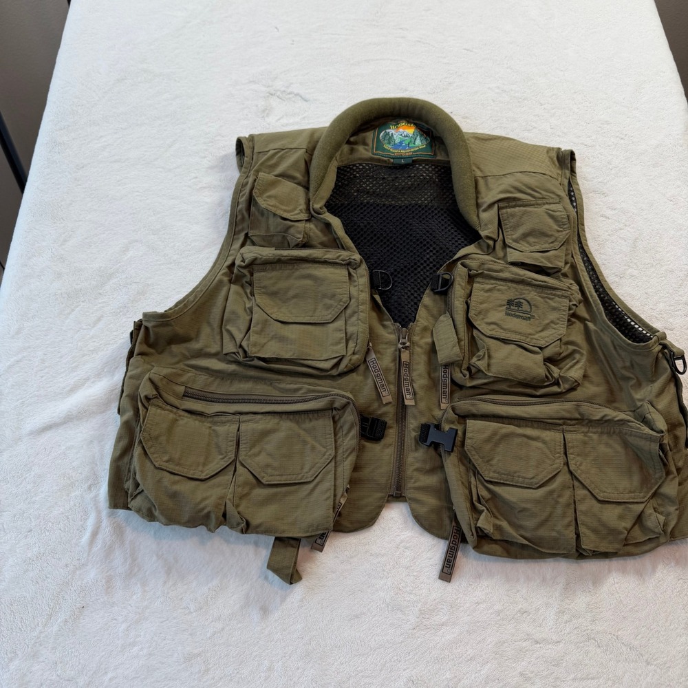 Hodgman Fishing Vest Mens L Green Good Multi-Pocket Utility Ripstop 3971